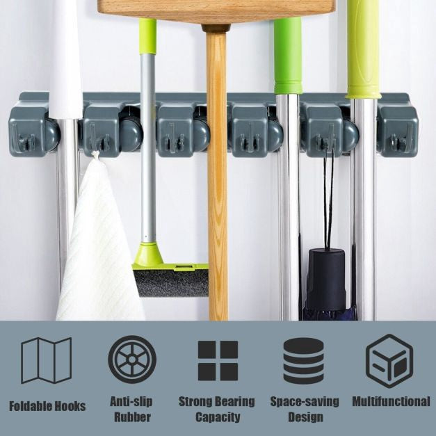 Wall-Mounted Mop Holder, 5 Positions, 6 Hooks, Dark Gray