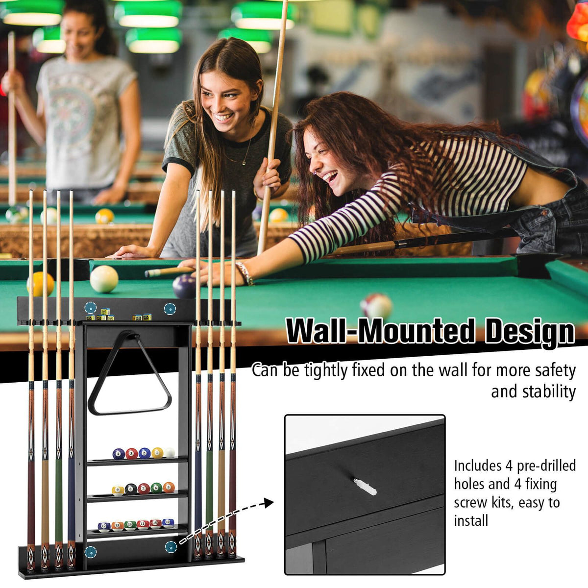 Wall-Mounted Pool Cue Rack, 8 Cues, 15 Balls, Black