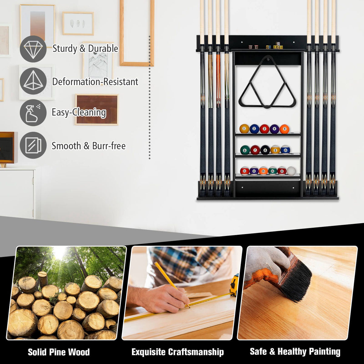 Wall-Mounted Pool Cue Rack, 8 Cues, 15 Balls, Black