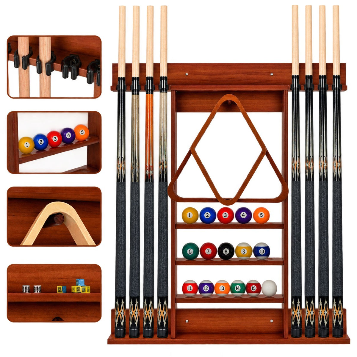 Wall-Mounted Pool Cue Rack, Holds 8 Cues, 15 Balls, Pine Wood