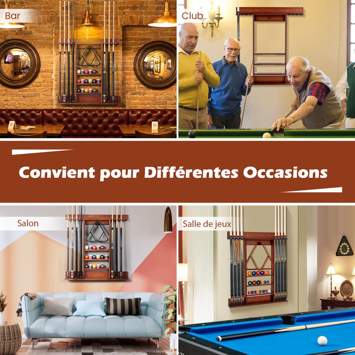 Wall-Mounted Pool Cue Rack, Holds 8 Cues, 15 Balls, Pine Wood