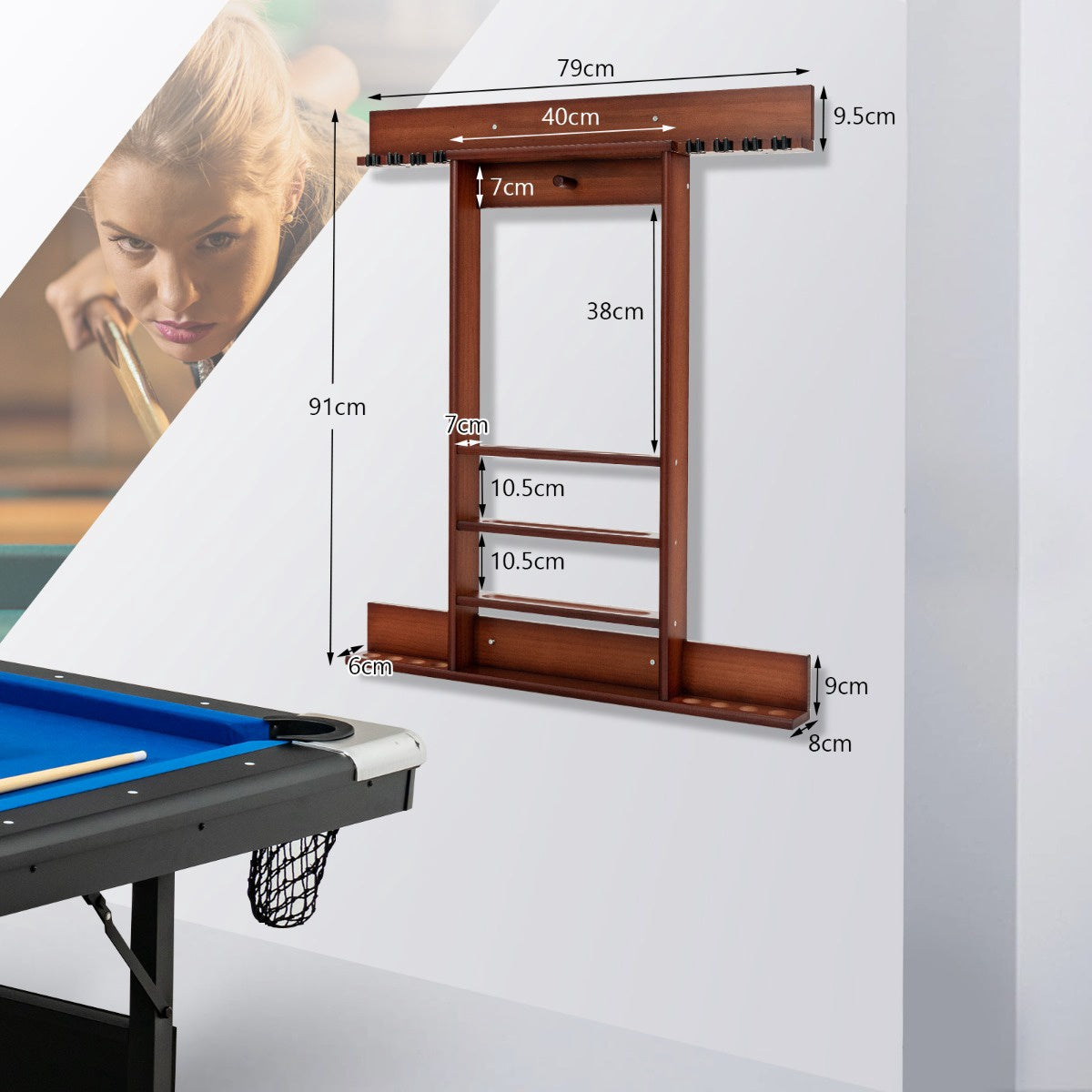 Wall-Mounted Pool Cue Rack, Holds 8 Cues, 15 Balls, Pine Wood