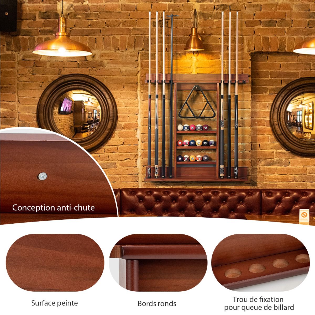 Wall-Mounted Pool Cue Rack, Holds 8 Cues, 15 Balls, Pine Wood