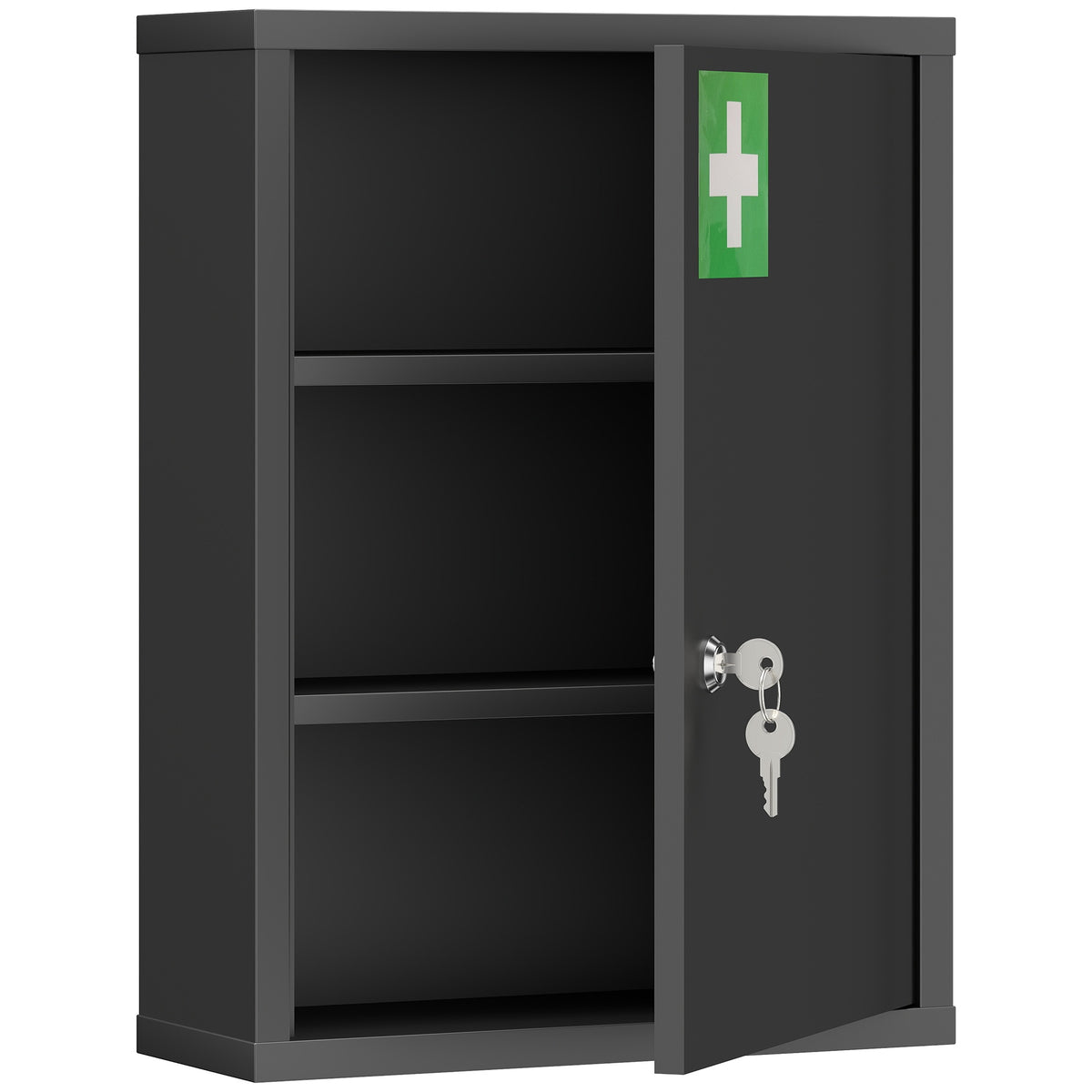 Wall-Mounted Steel Medicine Cabinet with Lock, 3 Shelves, Black