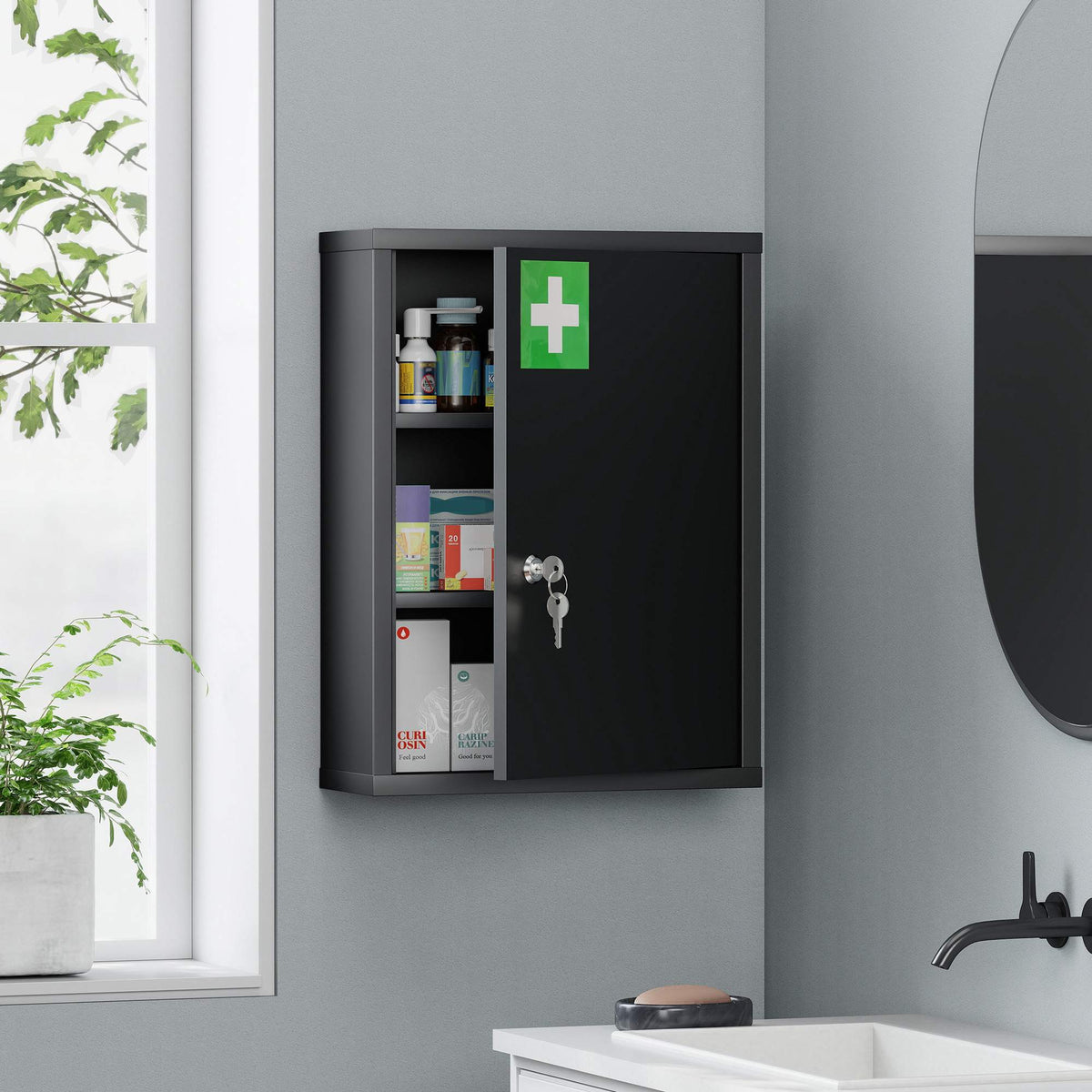 Wall-Mounted Steel Medicine Cabinet with Lock, 3 Shelves, Black