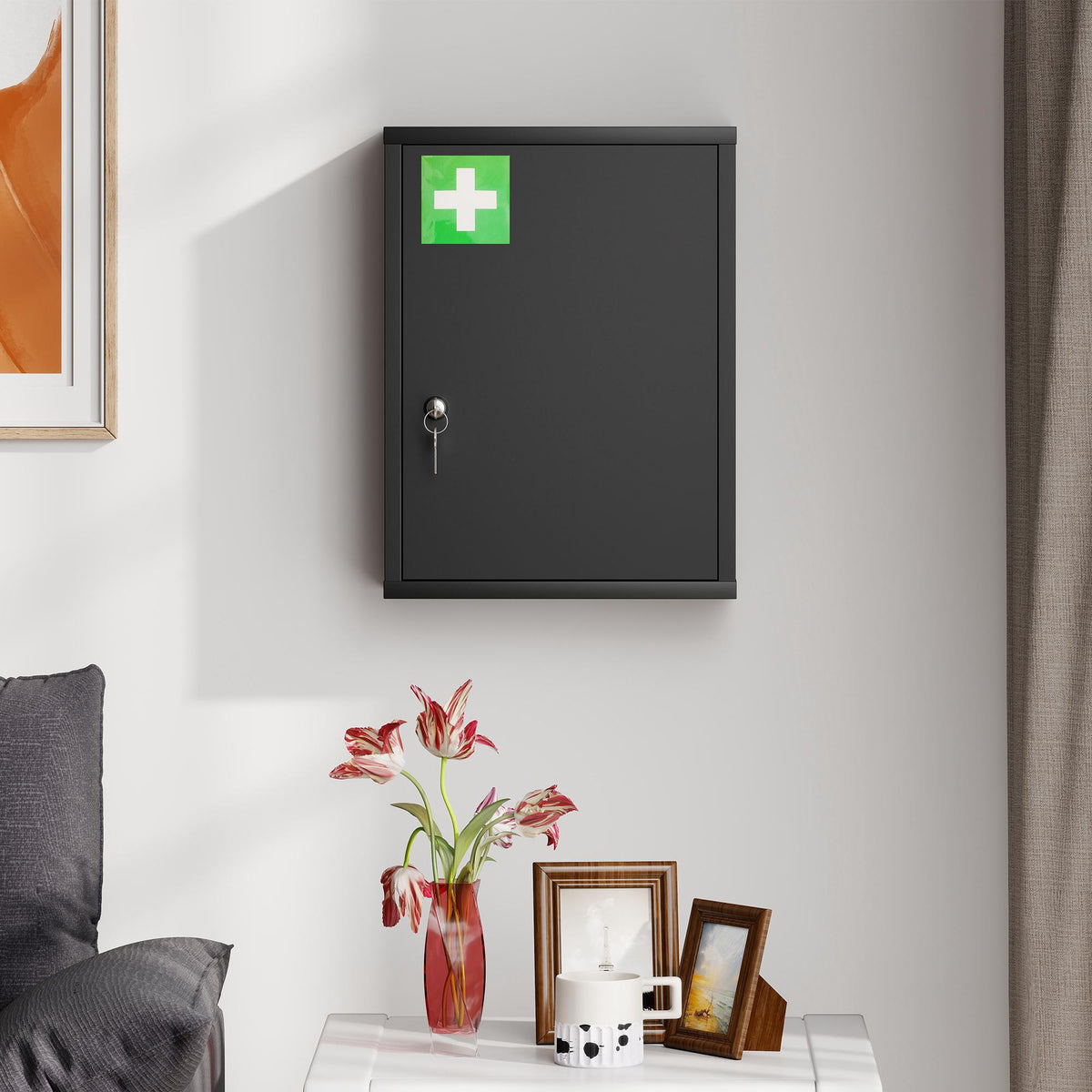 Wall-Mounted Steel Medicine Cabinet with Lock, 3 Shelves, Black