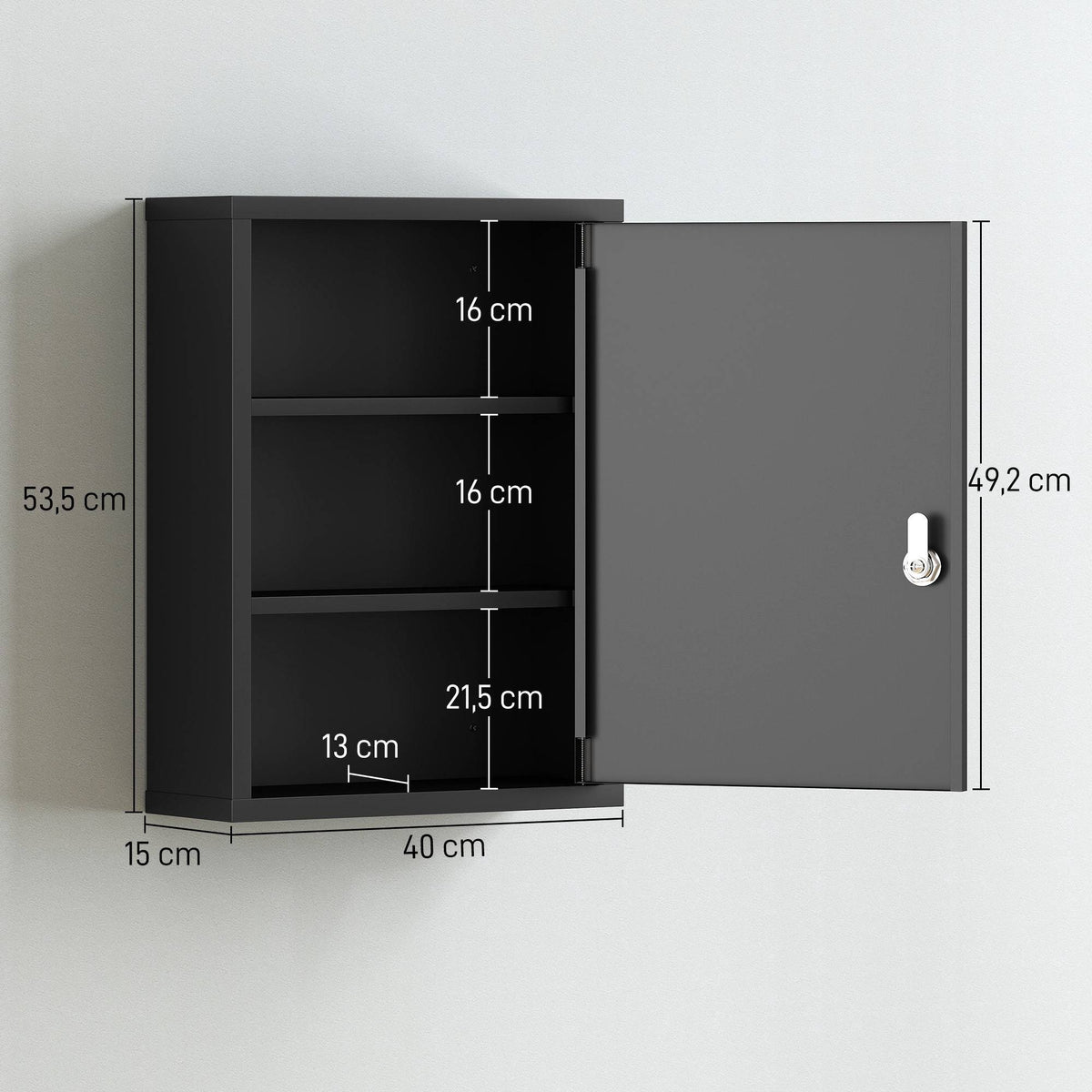 Wall-Mounted Steel Medicine Cabinet with Lock, 3 Shelves, Black