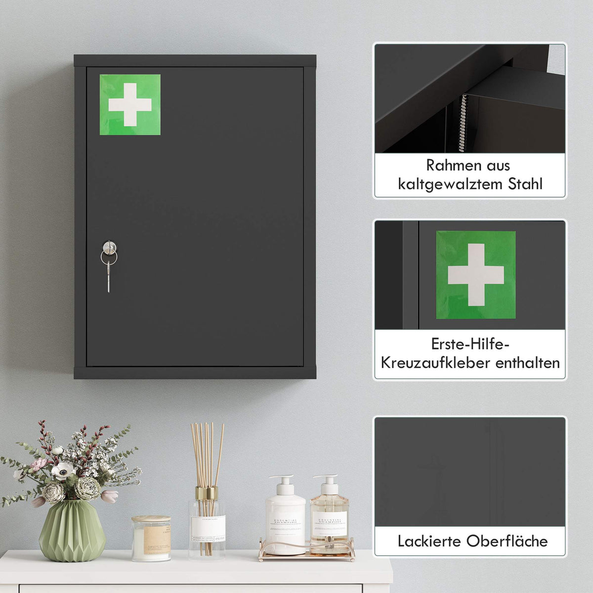 Wall-Mounted Steel Medicine Cabinet with Lock, 3 Shelves, Black