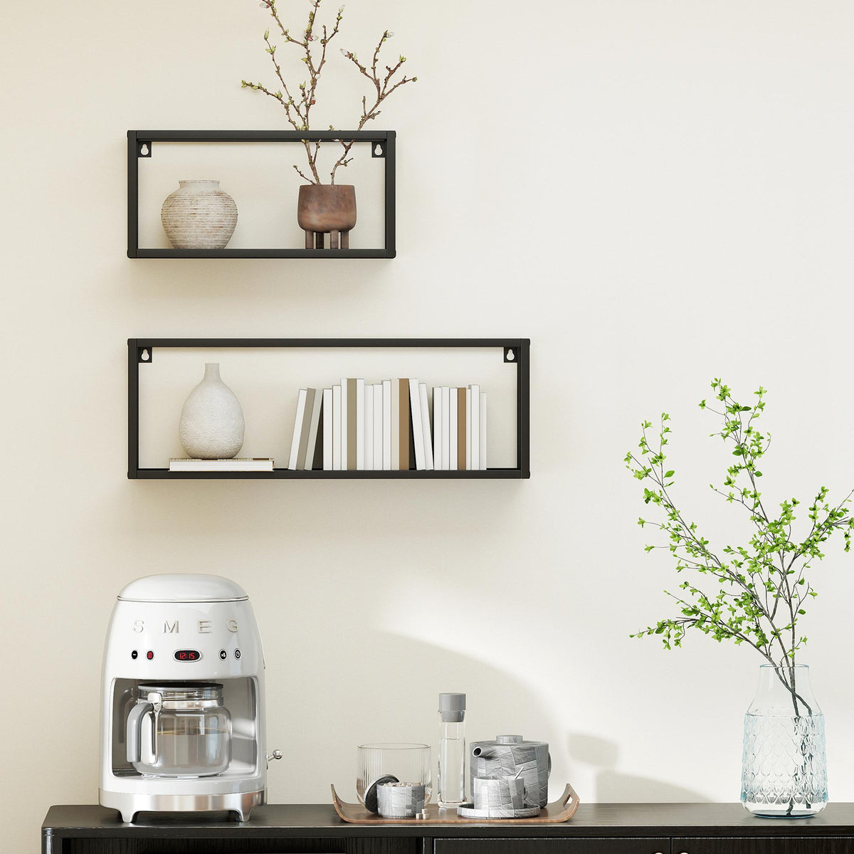 Wall-Mounted Steel Shelves Set, Black, 15 kg Capacity