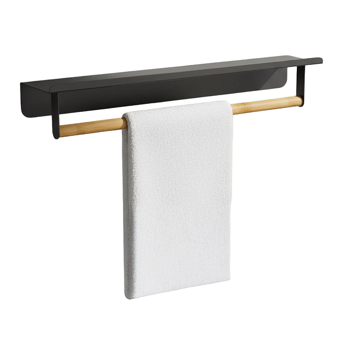 Wall-Mounted Towel Rail with Bamboo Bar and Metal Shelf