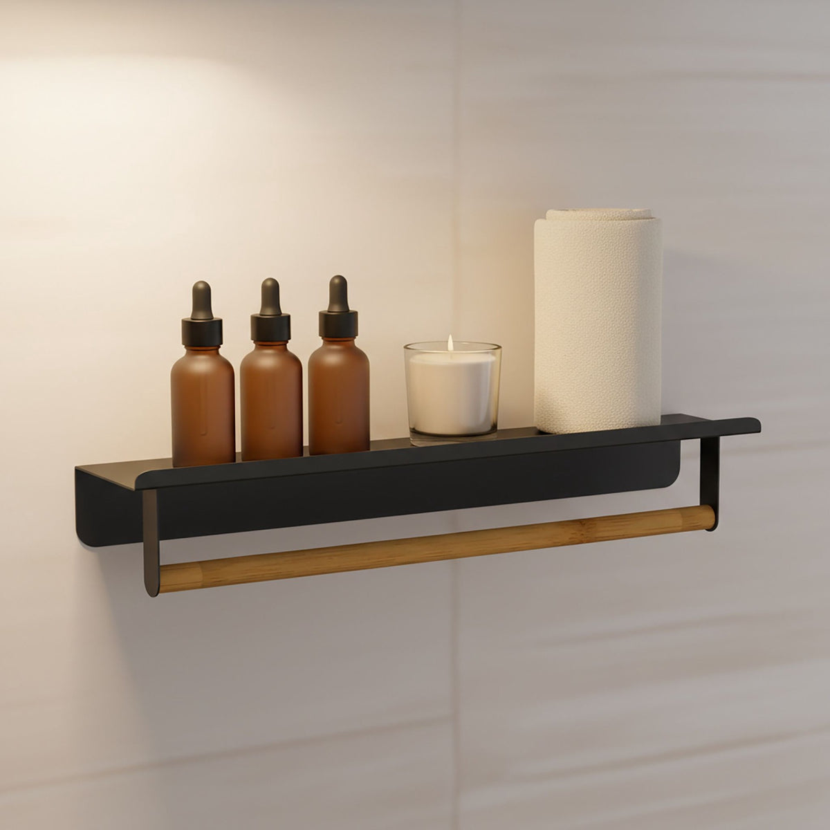 Wall-Mounted Towel Rail with Bamboo Bar and Metal Shelf
