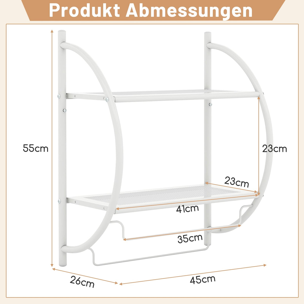 Wall-Mounted White Metal Towel Rack with Shelves, 45x25.5x55 cm