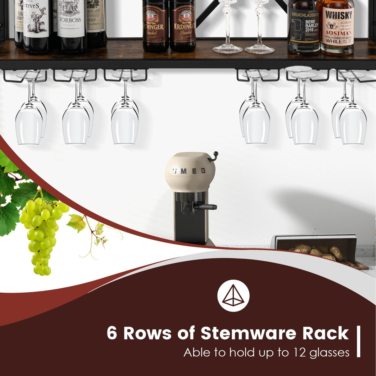 Wall-Mounted Wine Rack, 39 Bottles, 12 Glasses