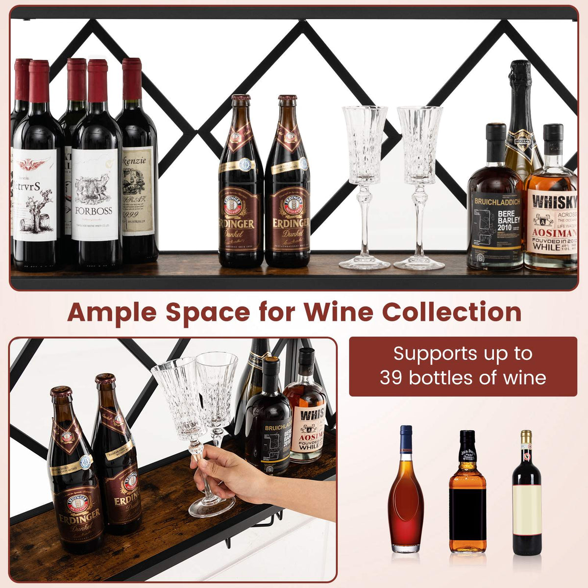 Wall-Mounted Wine Rack, 39 Bottles, 12 Glasses