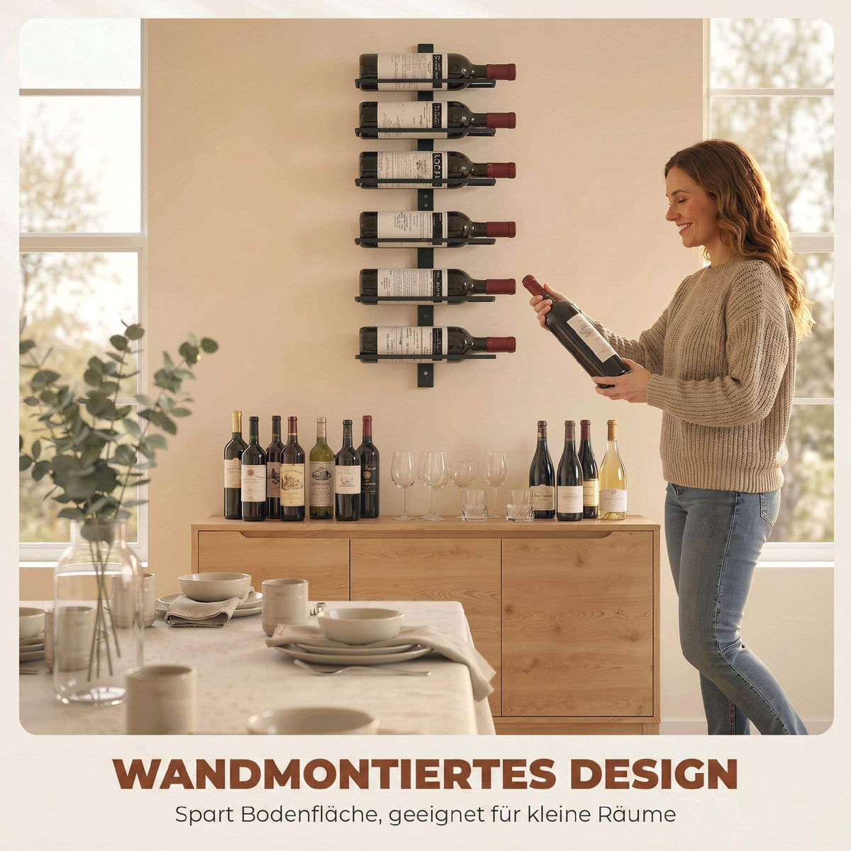Wall-Mounted Wine Rack, 6-Bottle, Black Steel