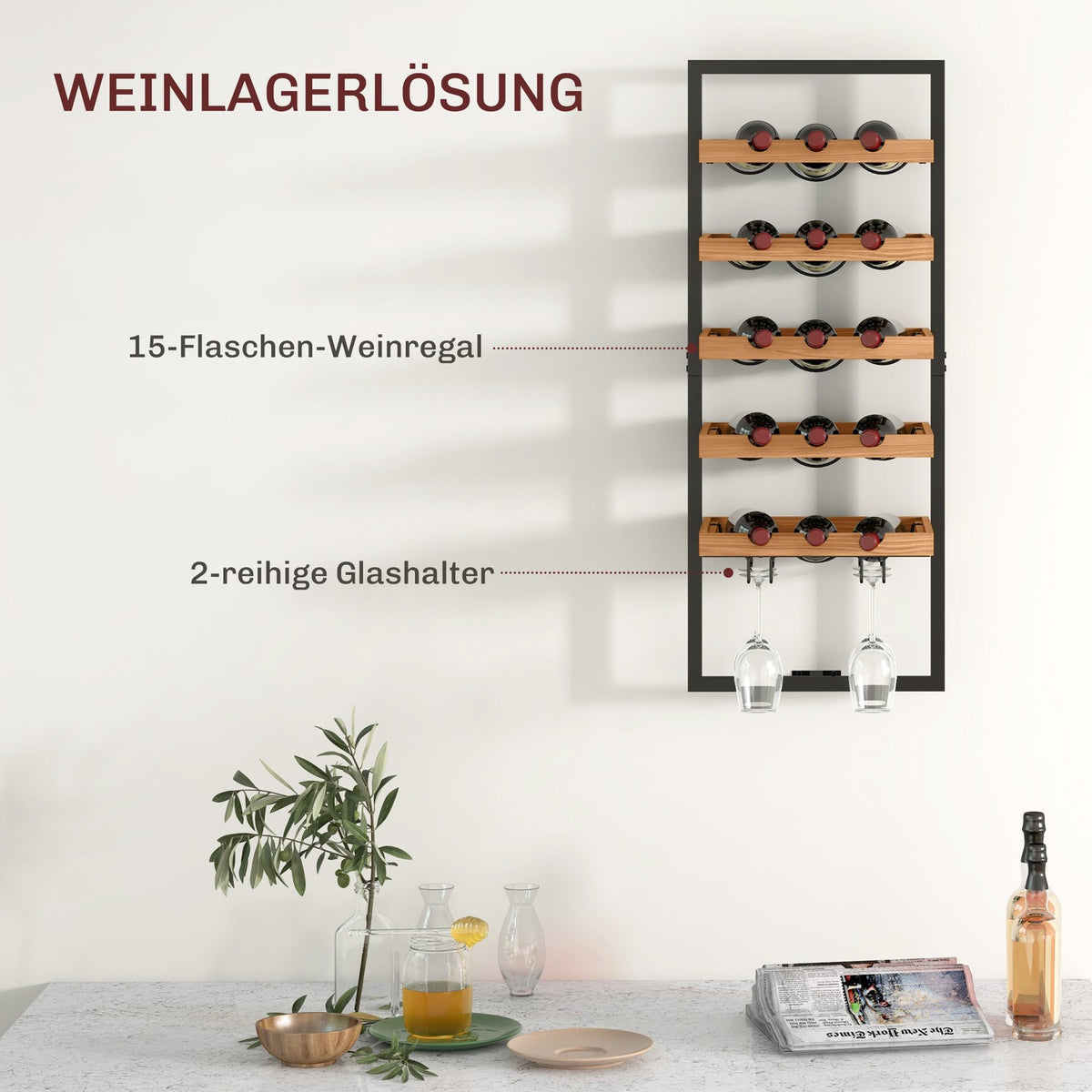 Wall Mounted Wine Rack with 5 Tiers Stackable Wine Bottle Holder Wine Stand for 15 Bottles and 4 Glasses Pine Wood Steel for Kitchen Dining Room Bar Brown