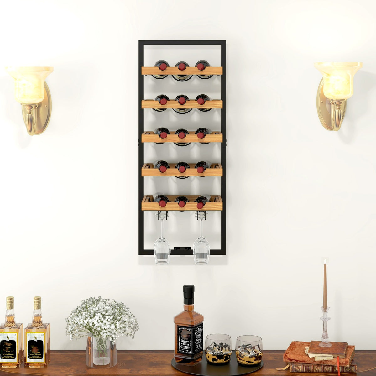 Wall Mounted Wine Rack with 5 Tiers Stackable Wine Bottle Holder Wine Stand for 15 Bottles and 4 Glasses Pine Wood Steel for Kitchen Dining Room Bar Brown