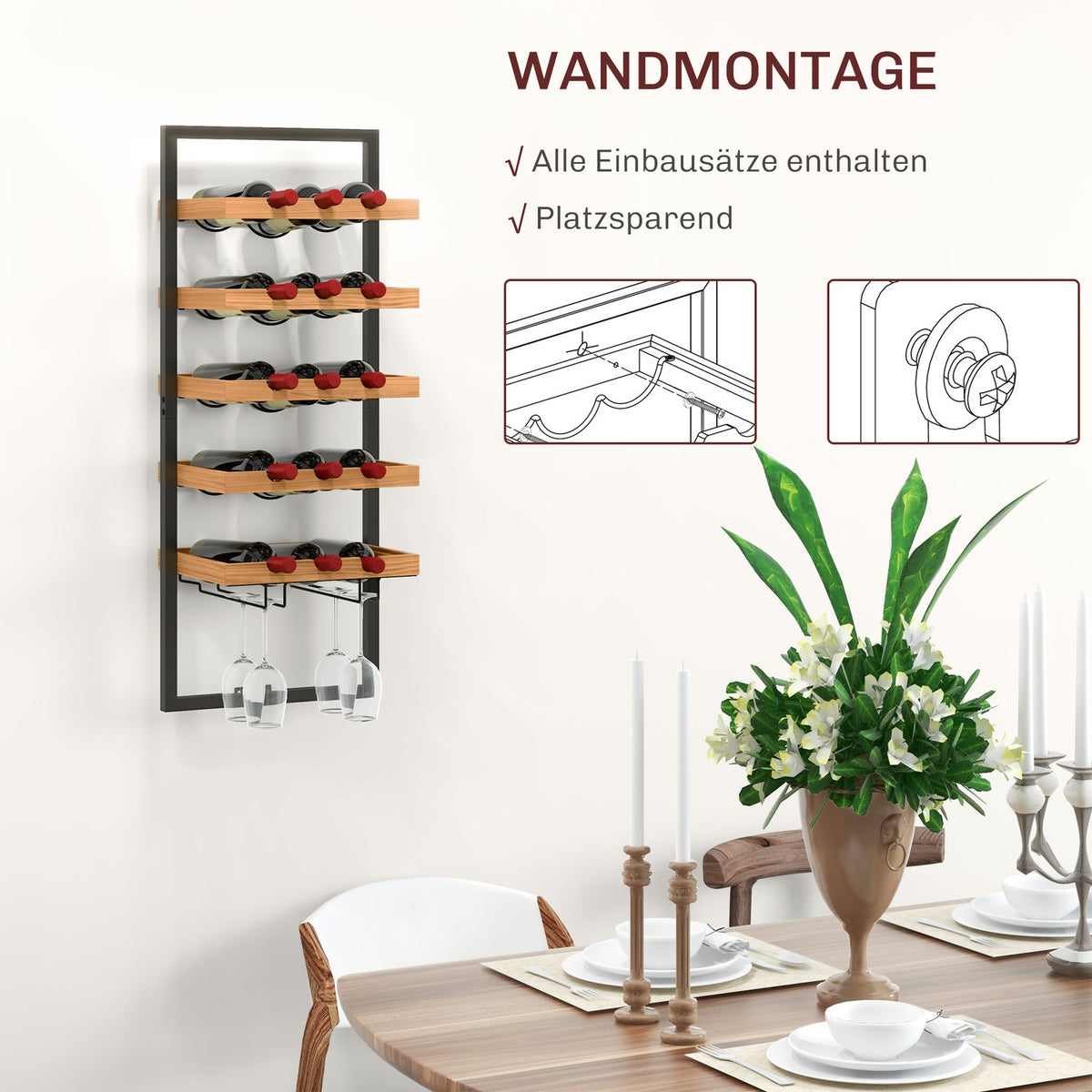 Wall Mounted Wine Rack with 5 Tiers Stackable Wine Bottle Holder Wine Stand for 15 Bottles and 4 Glasses Pine Wood Steel for Kitchen Dining Room Bar Brown