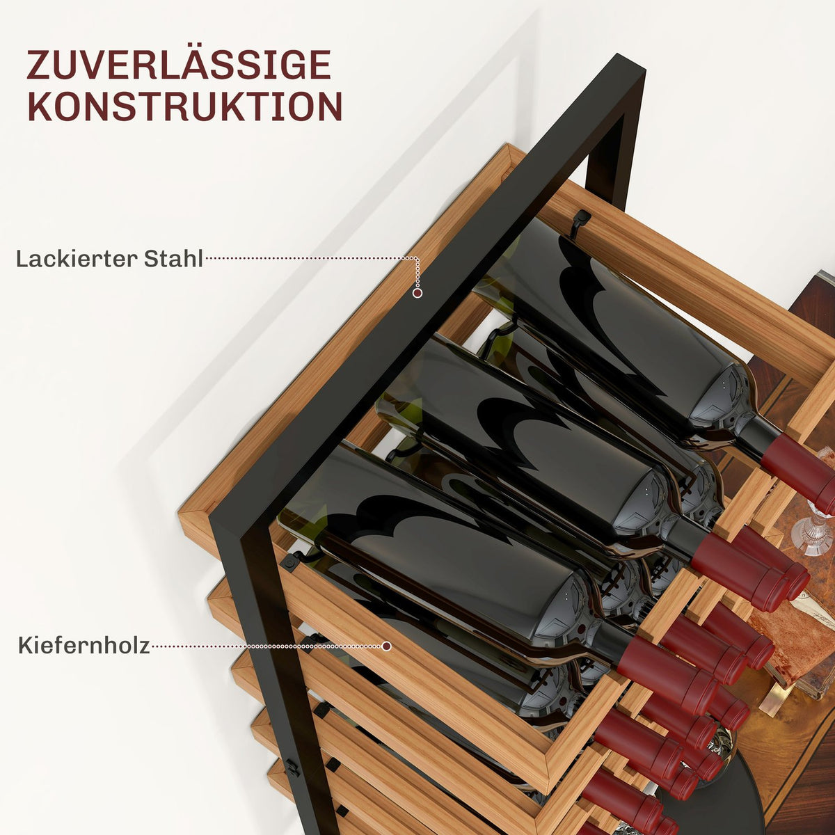 Wall Mounted Wine Rack with 5 Tiers Stackable Wine Bottle Holder Wine Stand for 15 Bottles and 4 Glasses Pine Wood Steel for Kitchen Dining Room Bar Brown