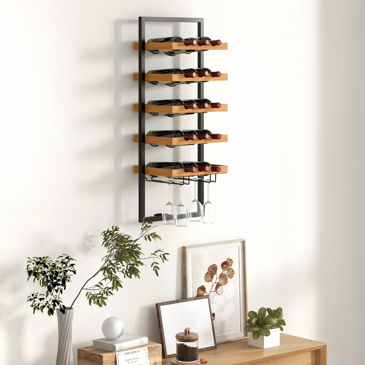Wall Mounted Wine Rack with 5 Tiers Stackable Wine Bottle Holder Wine Stand for 15 Bottles and 4 Glasses Pine Wood Steel for Kitchen Dining Room Bar Brown