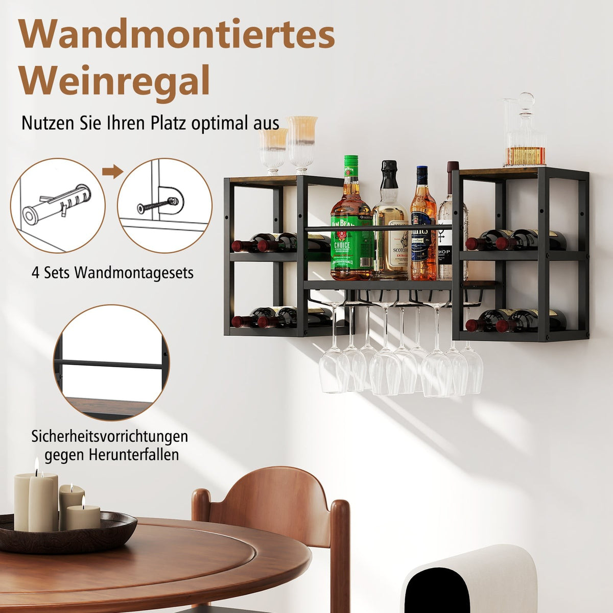 Wall-Mounted Wine Rack with Glass Holder, 8 Bottles, Rustic Brown
