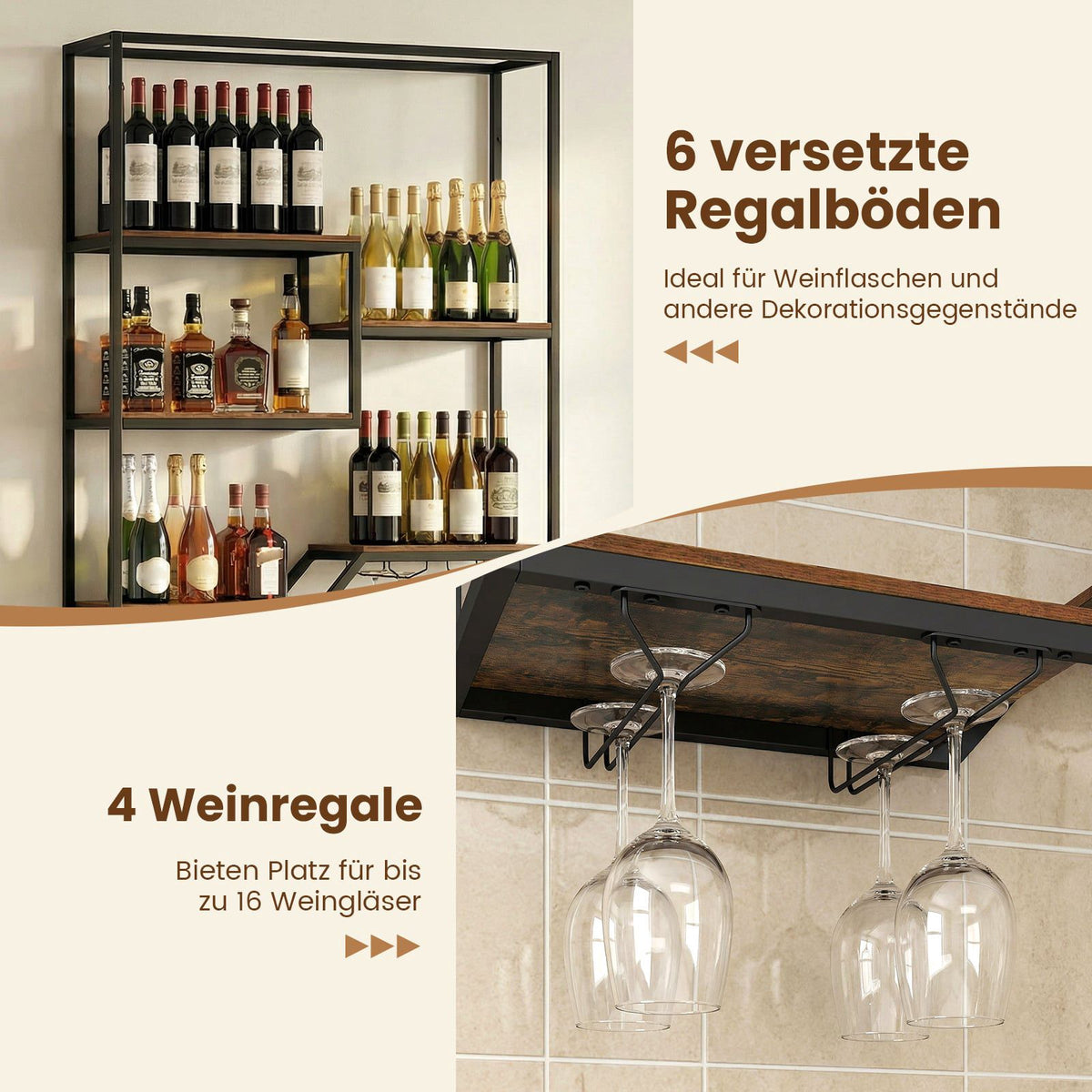 Wall-Mounted Wine Rack with Glass Holder, Rustic Brown
