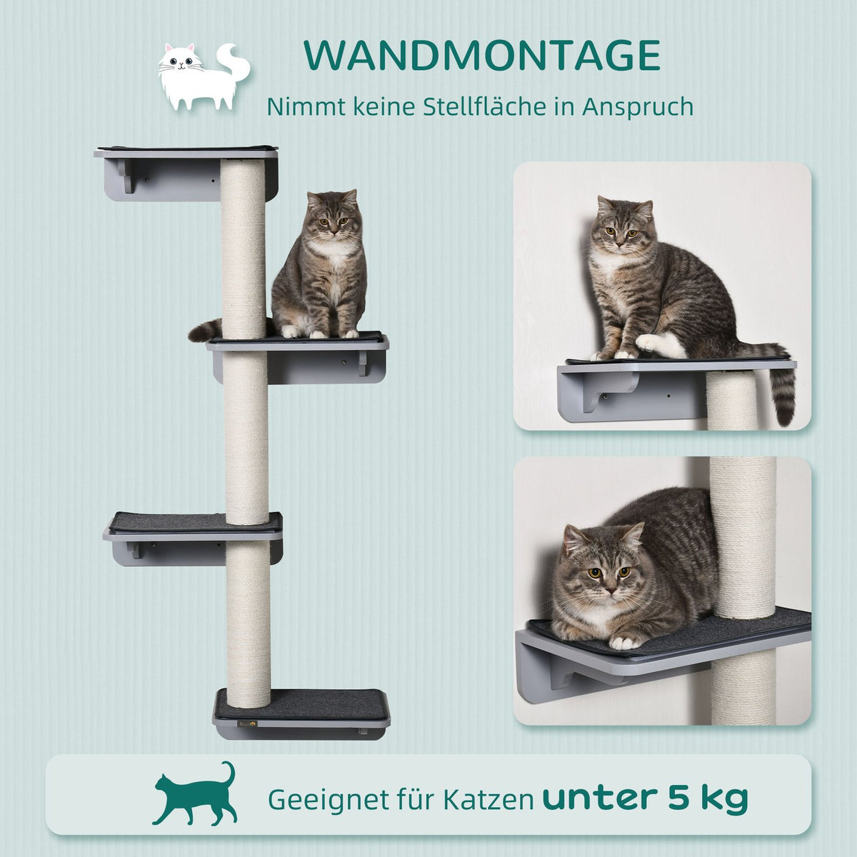 Wall Scratching Post Cat Climbing Wall Wall Mounted Wood Light Gray Beige 66X28X137Cm