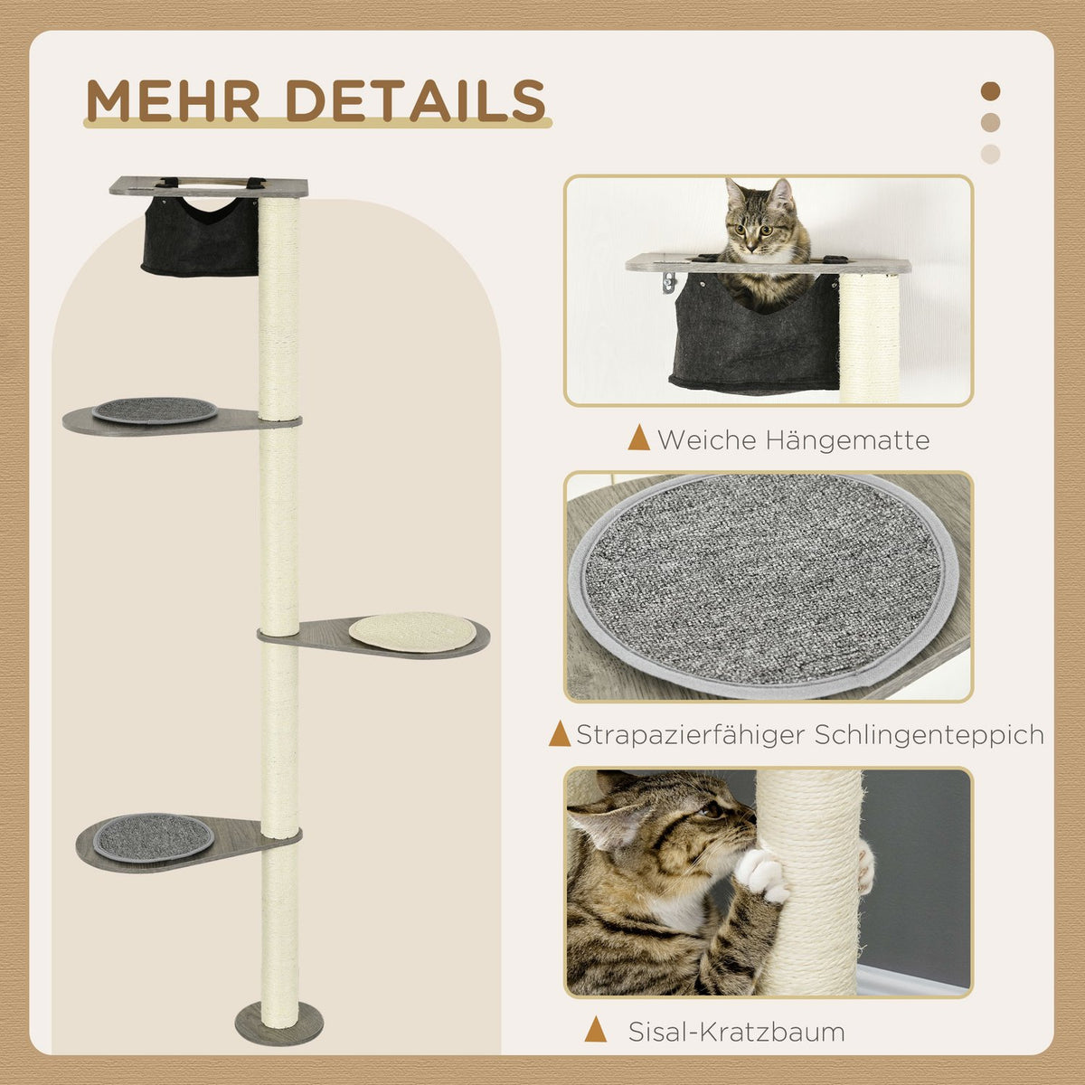 Wall Scratching Post Cat Furniture 185Cm Hammock Platforms Tilt Protection Gray + Cream White