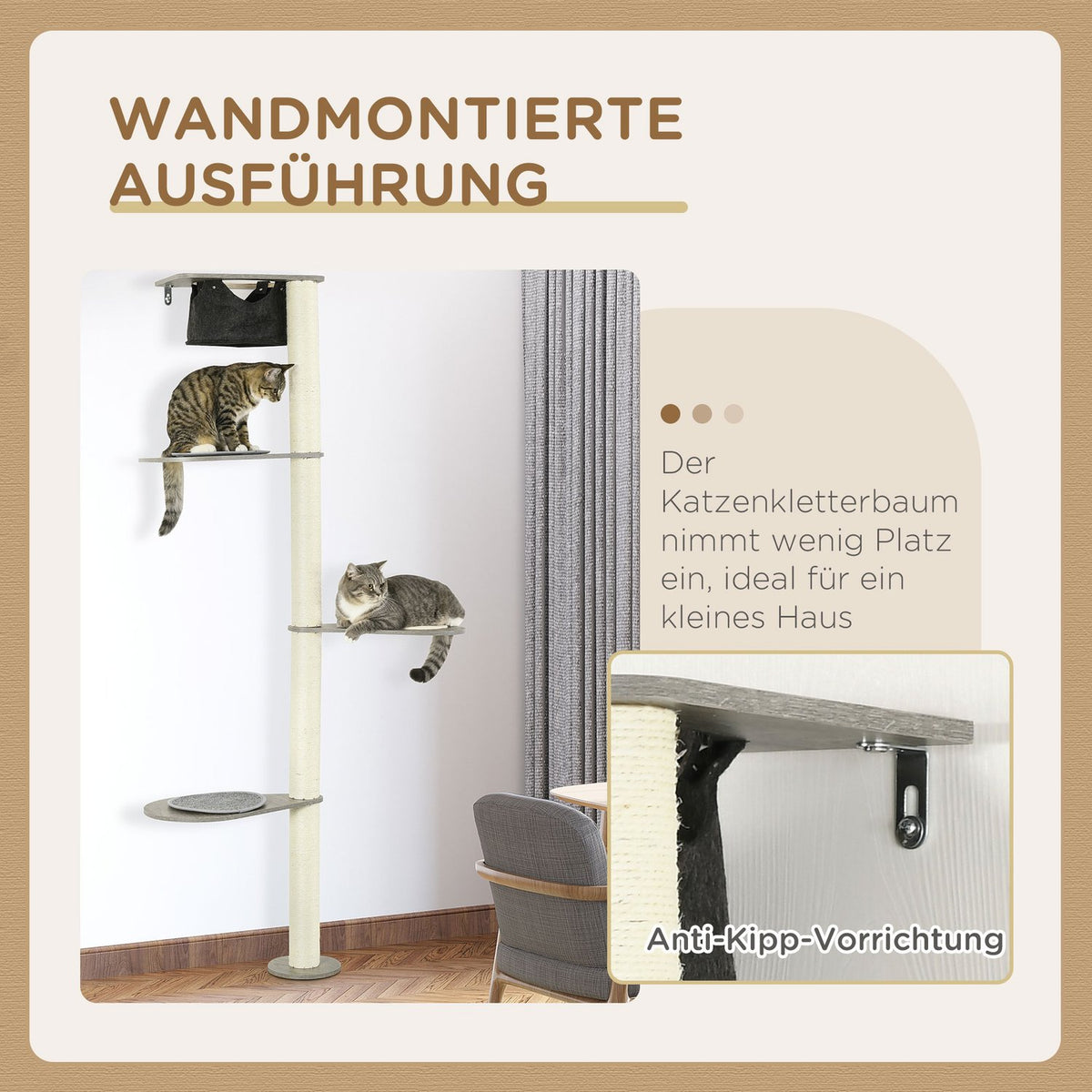 Wall Scratching Post Cat Furniture 185Cm Hammock Platforms Tilt Protection Gray + Cream White