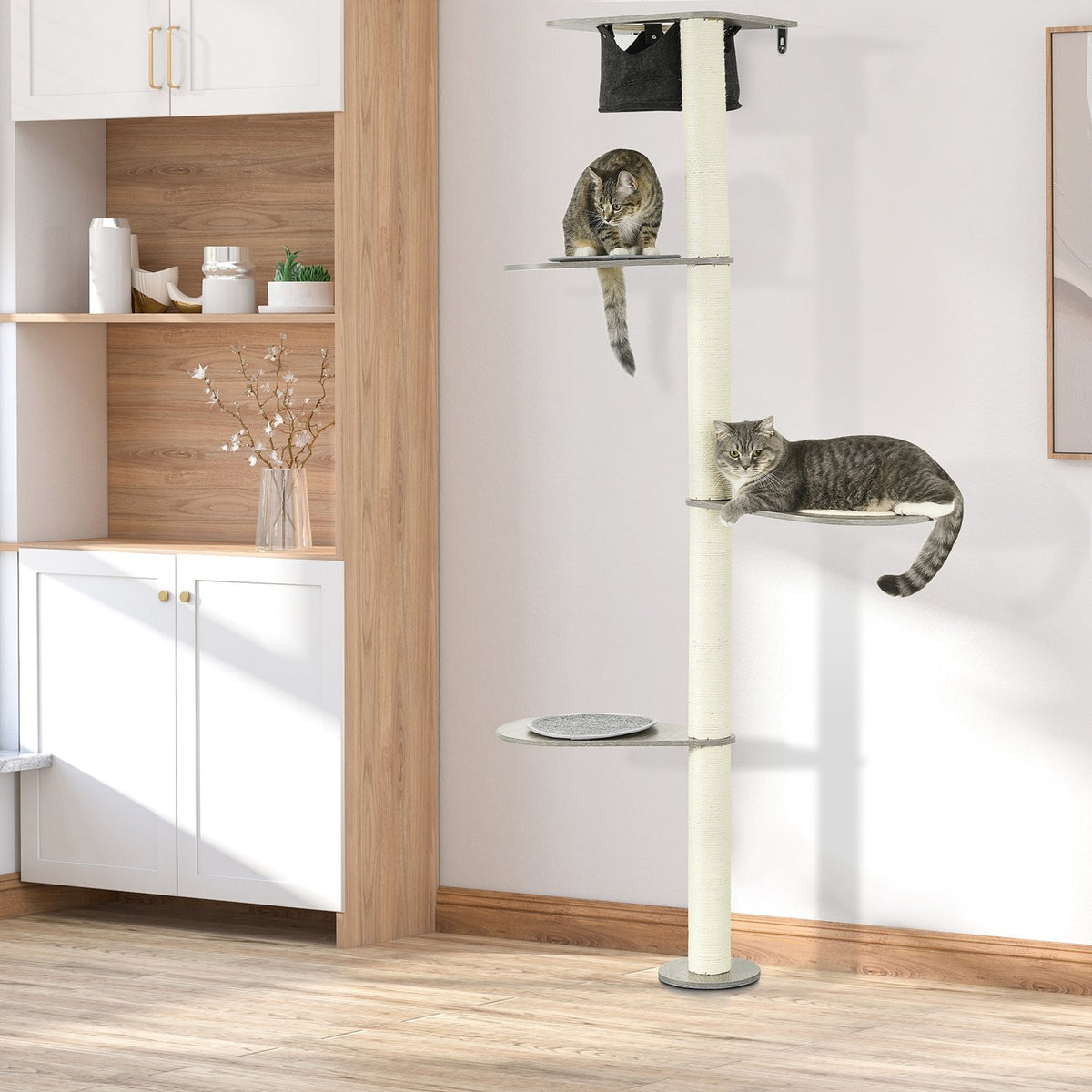 Wall Scratching Post Cat Furniture 185Cm Hammock Platforms Tilt Protection Gray + Cream White