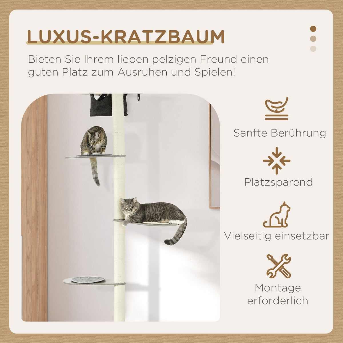 Wall Scratching Post Cat Furniture 185Cm Hammock Platforms Tilt Protection Gray + Cream White