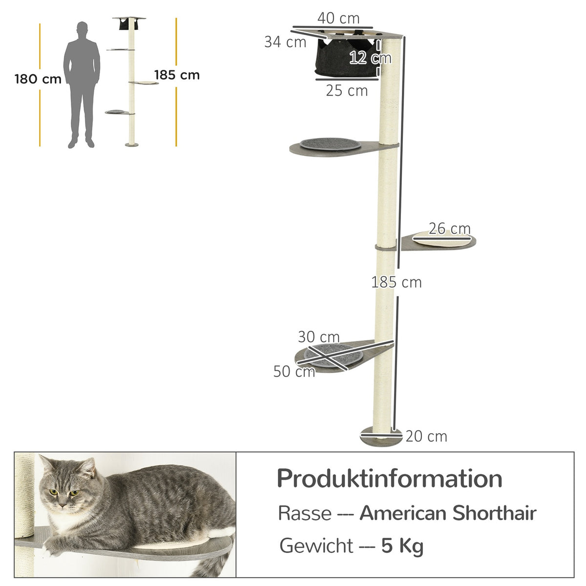 Wall Scratching Post Cat Furniture 185Cm Hammock Platforms Tilt Protection Gray + Cream White