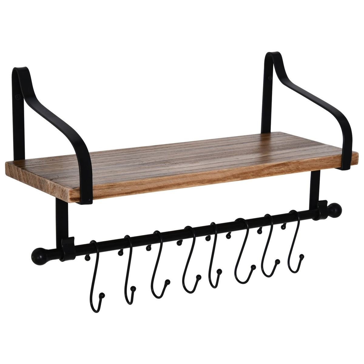 Wall Shelf Floating Shelf Stylish Wall Shelf With 8 Hooks, Solid Wood, For Bathroom & Kitchen, Black + Natural, 48X18.5X21Cm