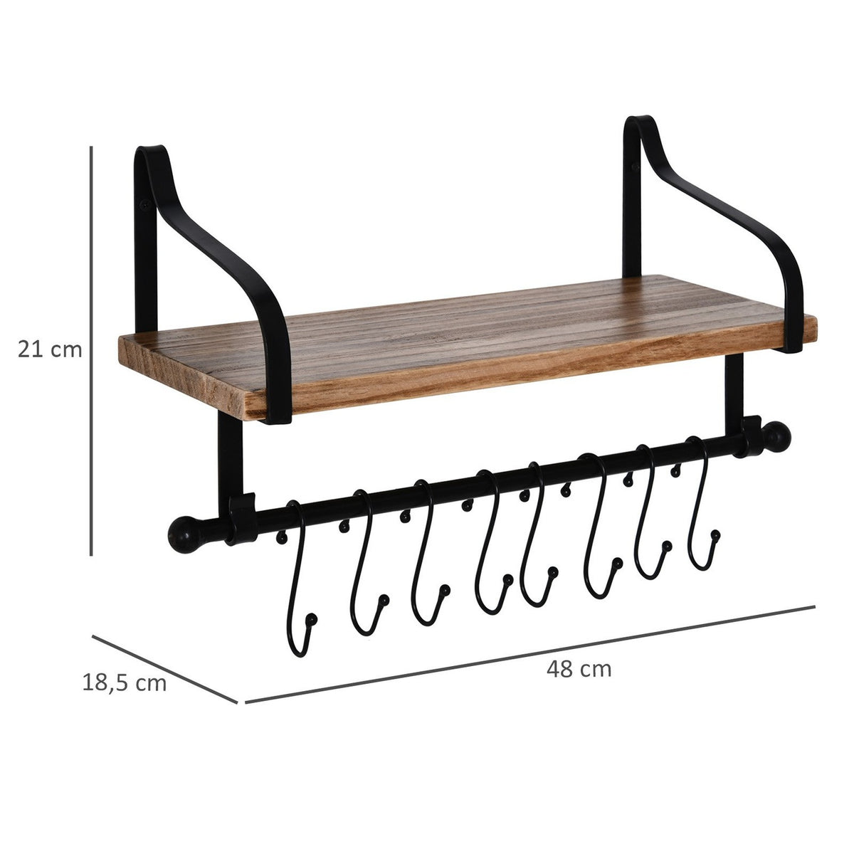 Wall Shelf Floating Shelf Stylish Wall Shelf With 8 Hooks, Solid Wood, For Bathroom & Kitchen, Black + Natural, 48X18.5X21Cm