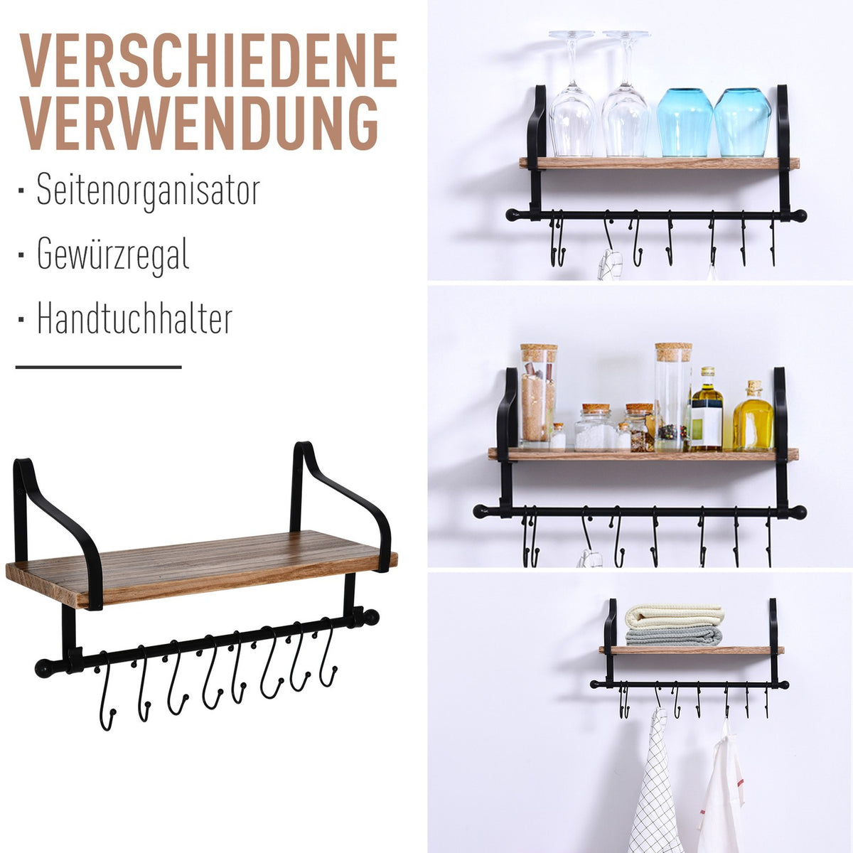 Wall Shelf Floating Shelf Stylish Wall Shelf With 8 Hooks, Solid Wood, For Bathroom & Kitchen, Black + Natural, 48X18.5X21Cm