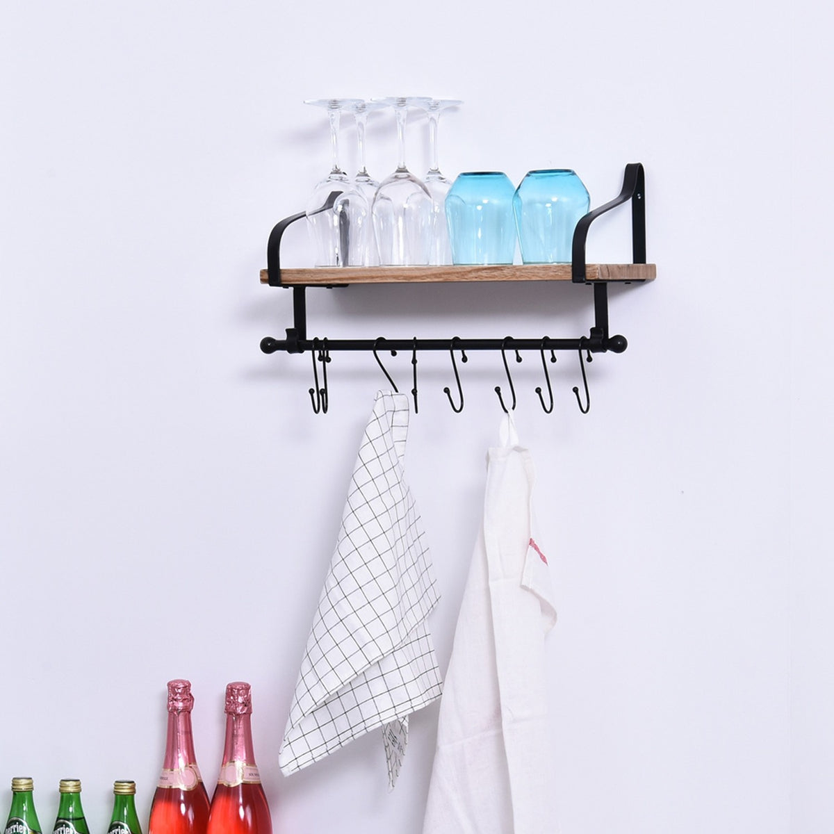 Wall Shelf Floating Shelf Stylish Wall Shelf With 8 Hooks, Solid Wood, For Bathroom & Kitchen, Black + Natural, 48X18.5X21Cm