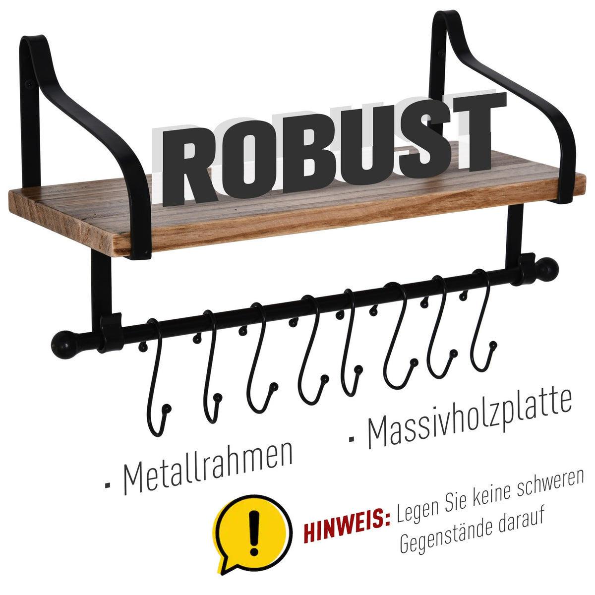 Wall Shelf Floating Shelf Stylish Wall Shelf With 8 Hooks, Solid Wood, For Bathroom & Kitchen, Black + Natural, 48X18.5X21Cm