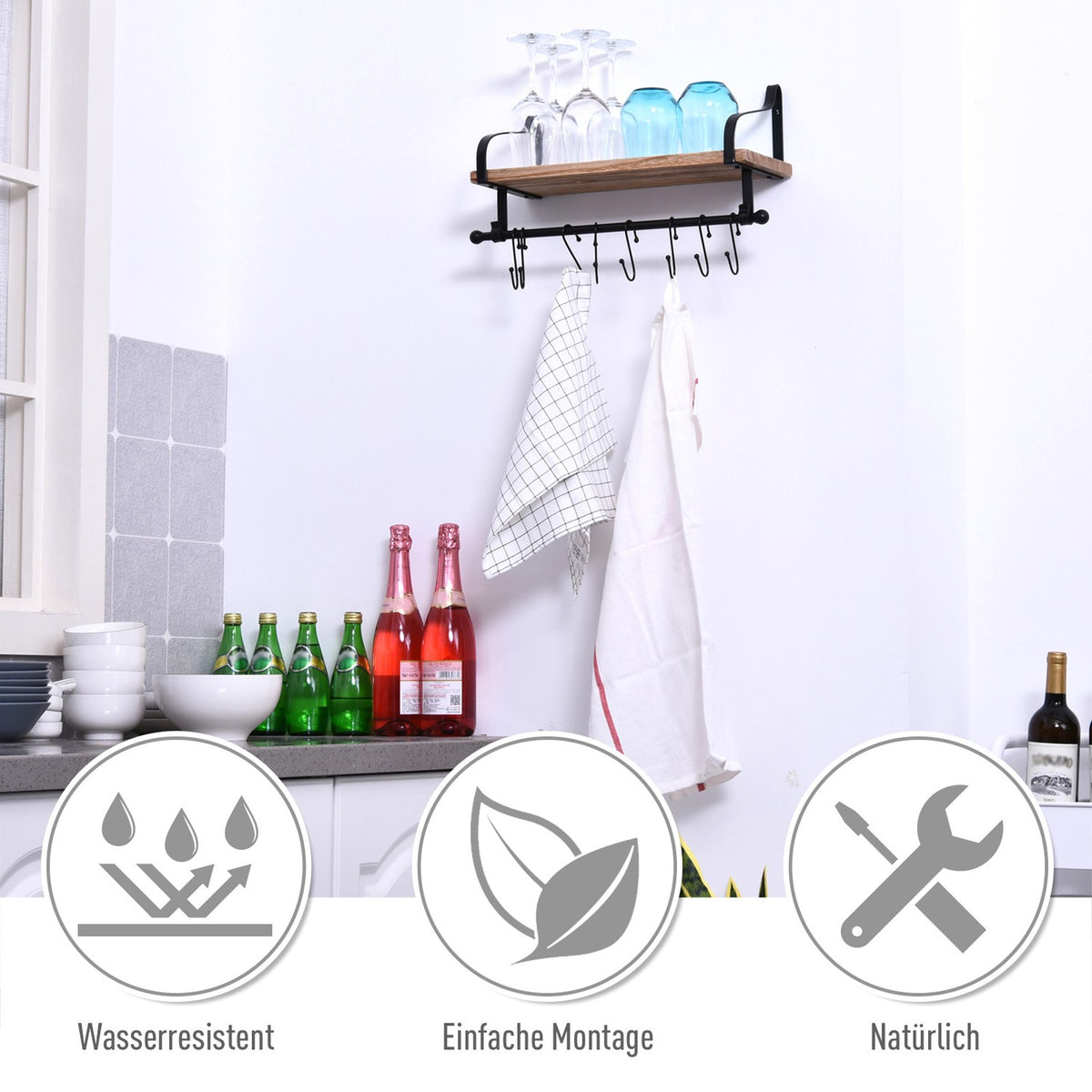 Wall Shelf Floating Shelf Stylish Wall Shelf With 8 Hooks, Solid Wood, For Bathroom & Kitchen, Black + Natural, 48X18.5X21Cm