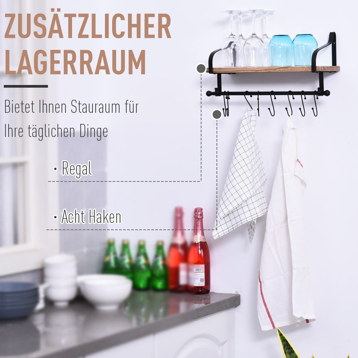 Wall Shelf Floating Shelf Stylish Wall Shelf With 8 Hooks, Solid Wood, For Bathroom & Kitchen, Black + Natural, 48X18.5X21Cm