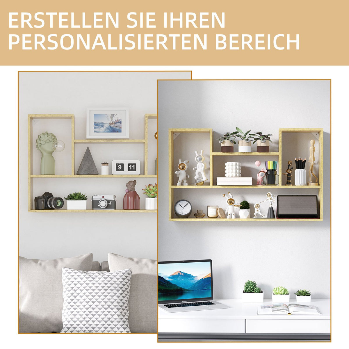 Wall Shelf, Floating Shelf, Wall Shelf With 5 Compartments, Bookcase, Wall Decoration, Natural, 100X15X60 Cm, For Living Room And Bedroom