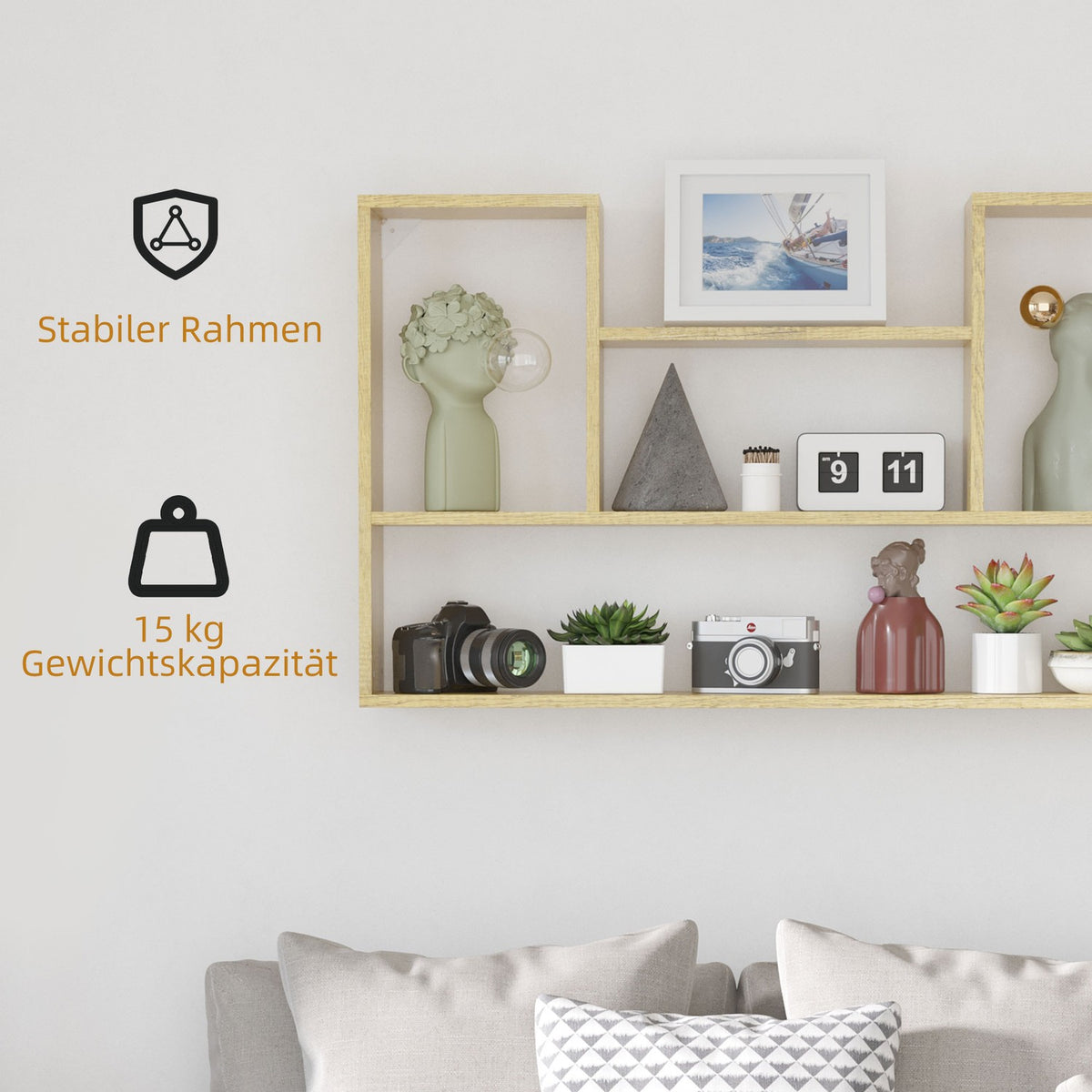 Wall Shelf, Floating Shelf, Wall Shelf With 5 Compartments, Bookcase, Wall Decoration, Natural, 100X15X60 Cm, For Living Room And Bedroom