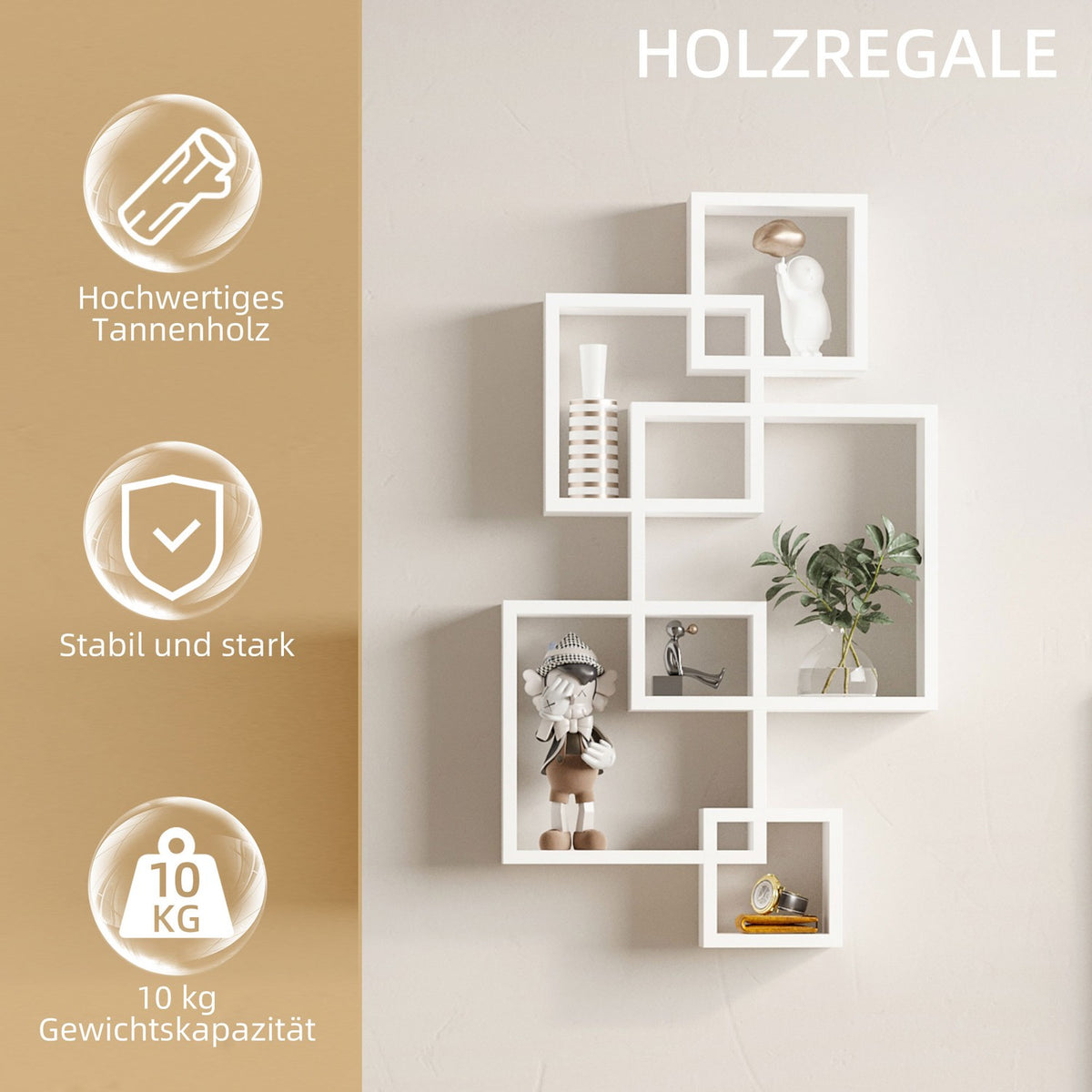 Wall Shelf, Floating Shelf, Wall Shelf With 5 Cubes And 9 Compartments, Fir Wood, White, 49.5X10.2X86Cm