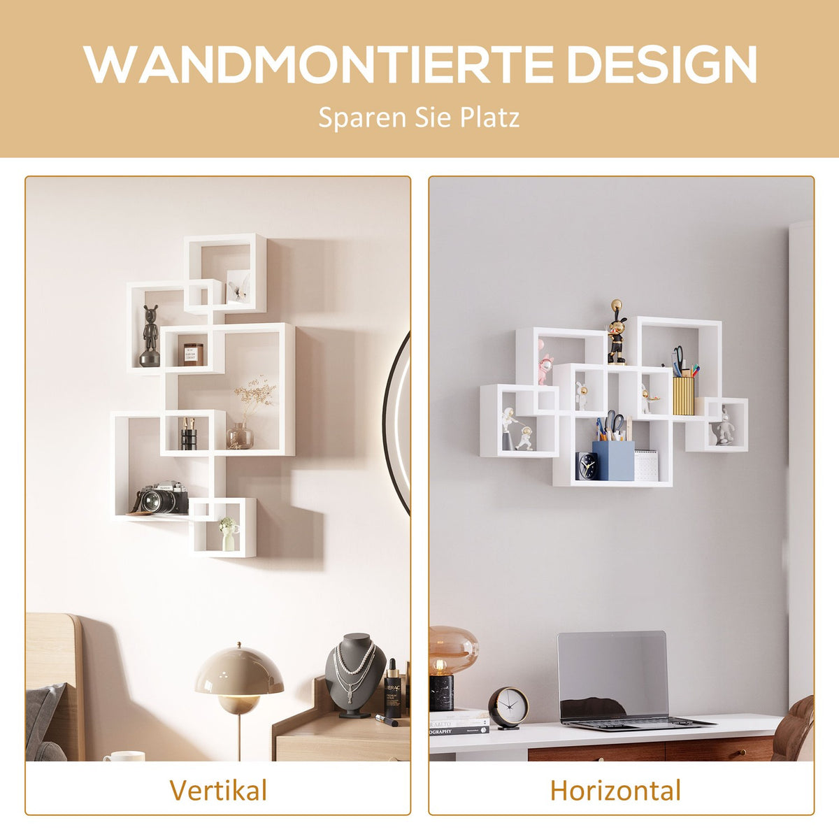 Wall Shelf, Floating Shelf, Wall Shelf With 5 Cubes And 9 Compartments, Fir Wood, White, 49.5X10.2X86Cm