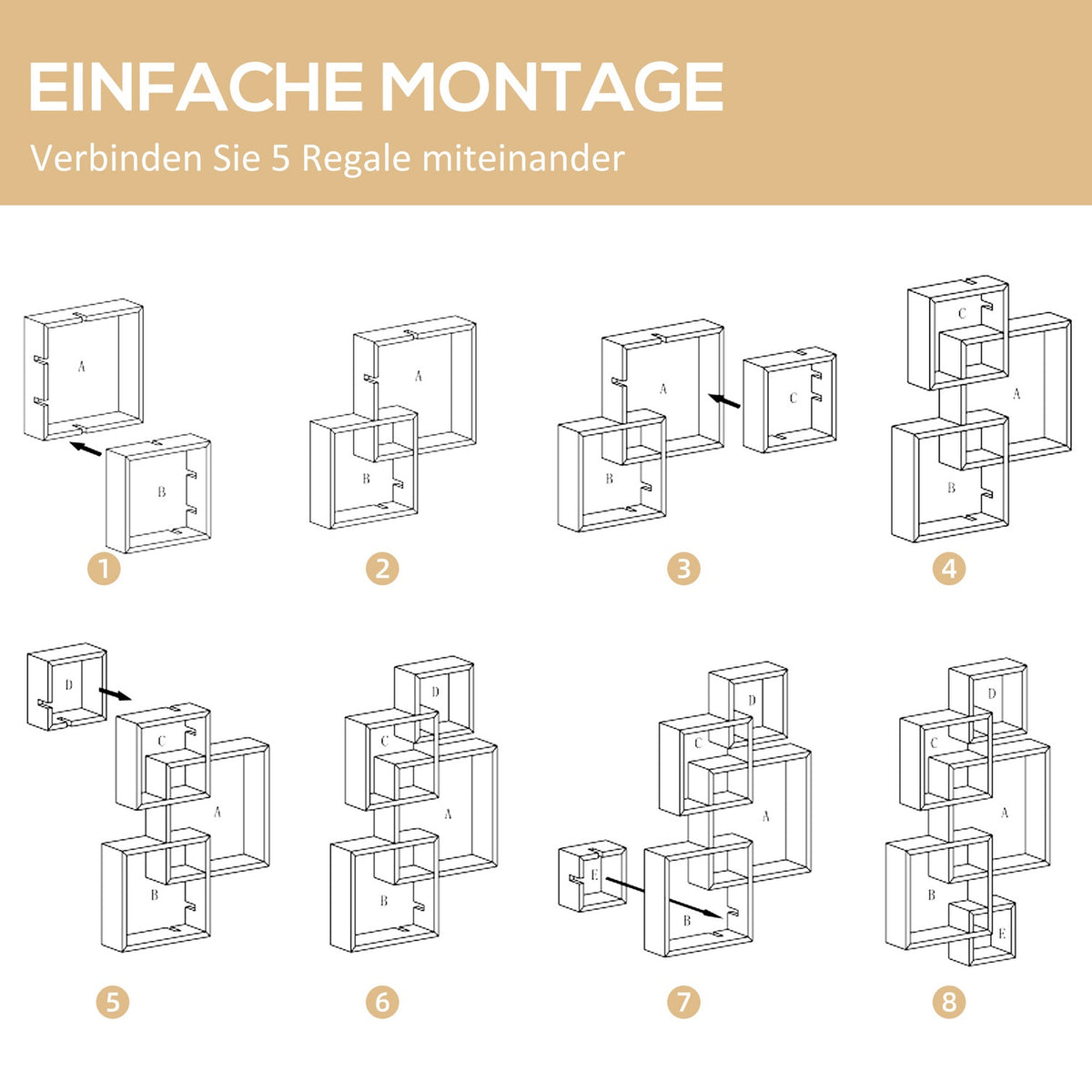 Wall Shelf, Floating Shelf, Wall Shelf With 5 Cubes And 9 Compartments, Fir Wood, White, 49.5X10.2X86Cm