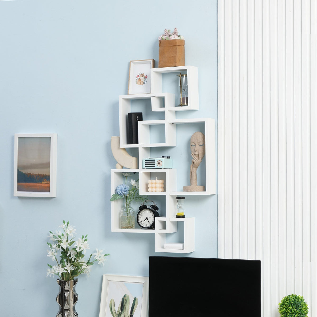 Wall Shelf, Floating Shelf, Wall Shelf With 5 Cubes And 9 Compartments, Fir Wood, White, 49.5X10.2X86Cm