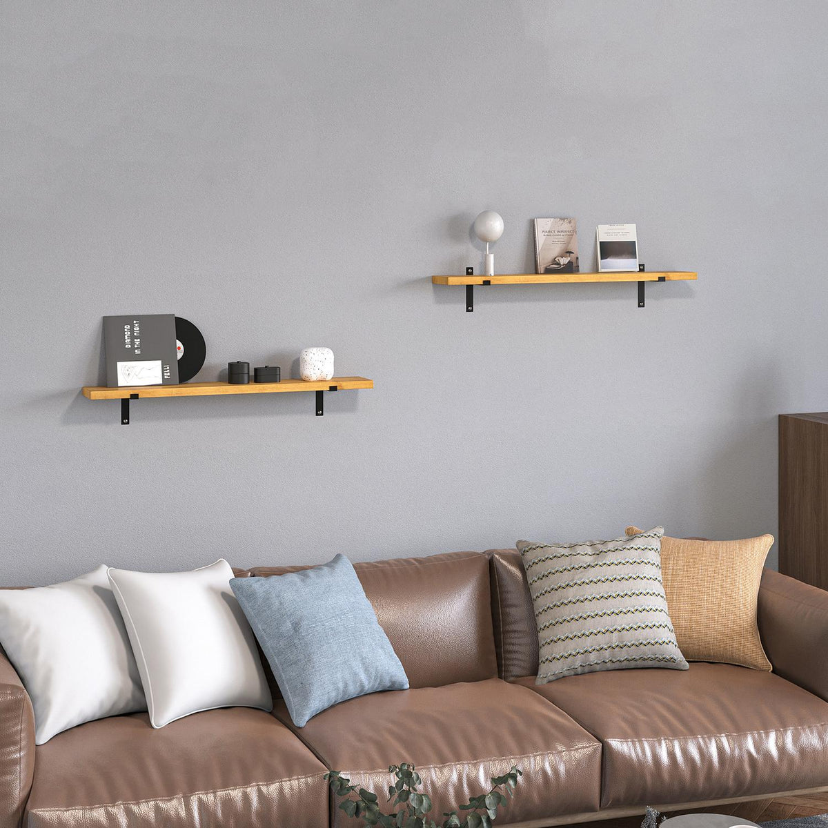 Wall Shelf Set Of 2 Floating Shelves Made Of Pine Wood And Steel, Brown, 90X15X2.5Cm, For Stylish Wall Decoration