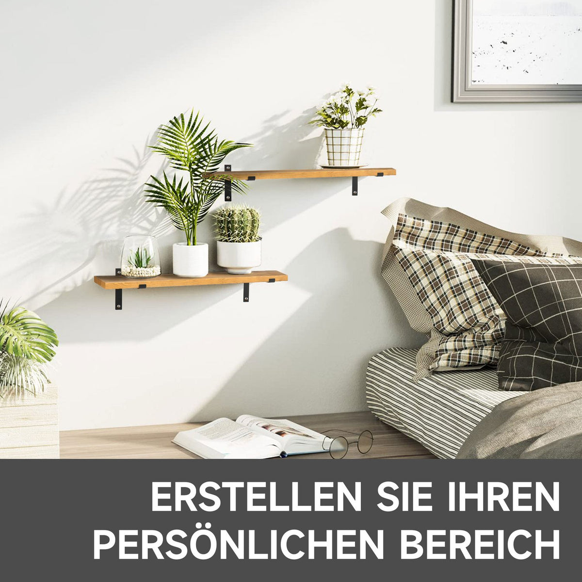 Wall Shelf Set Of 2 Floating Shelves Made Of Pine Wood And Steel, Brown, 90X15X2.5Cm, For Stylish Wall Decoration