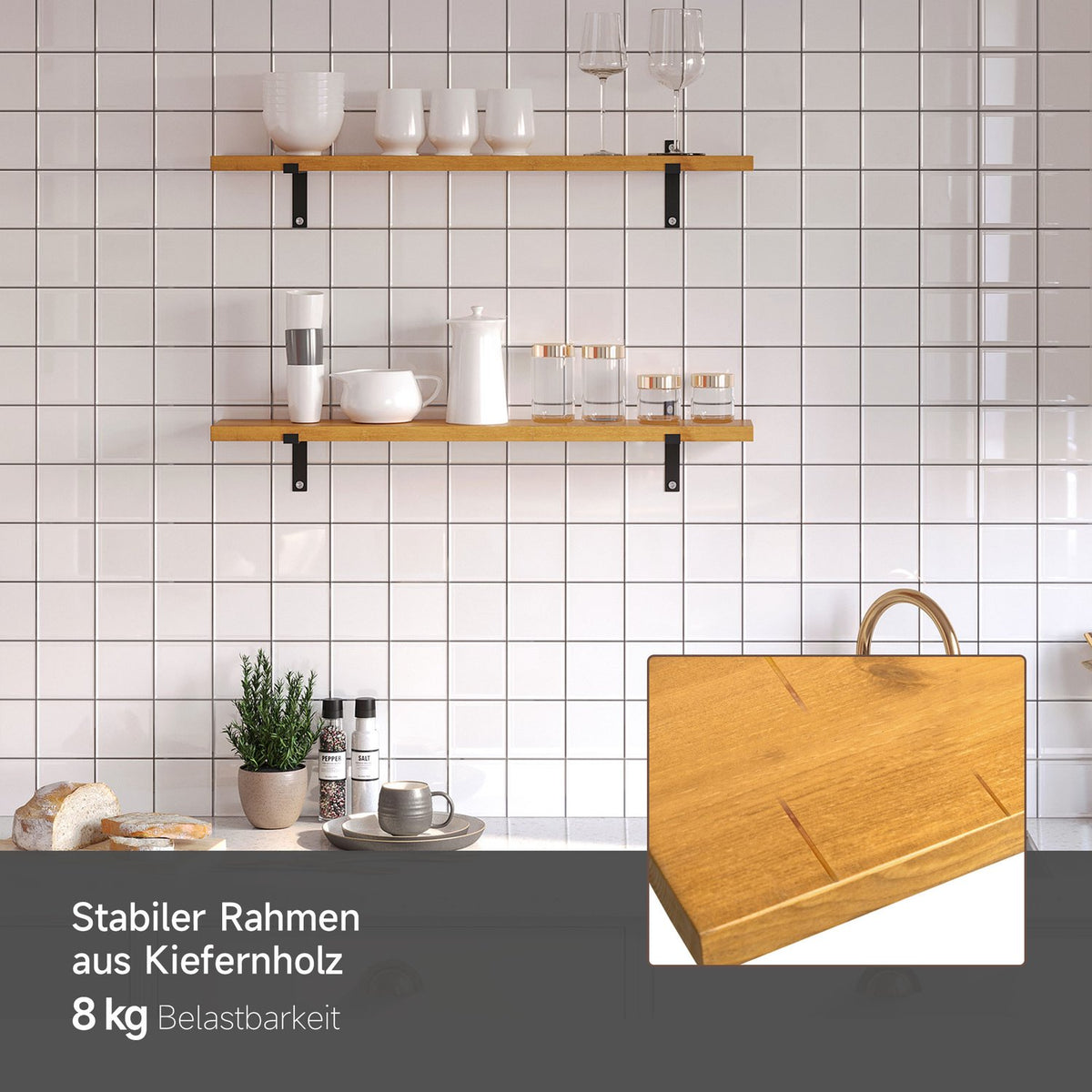 Wall Shelf Set Of 2 Floating Shelves Made Of Pine Wood And Steel, Brown, 90X15X2.5Cm, For Stylish Wall Decoration