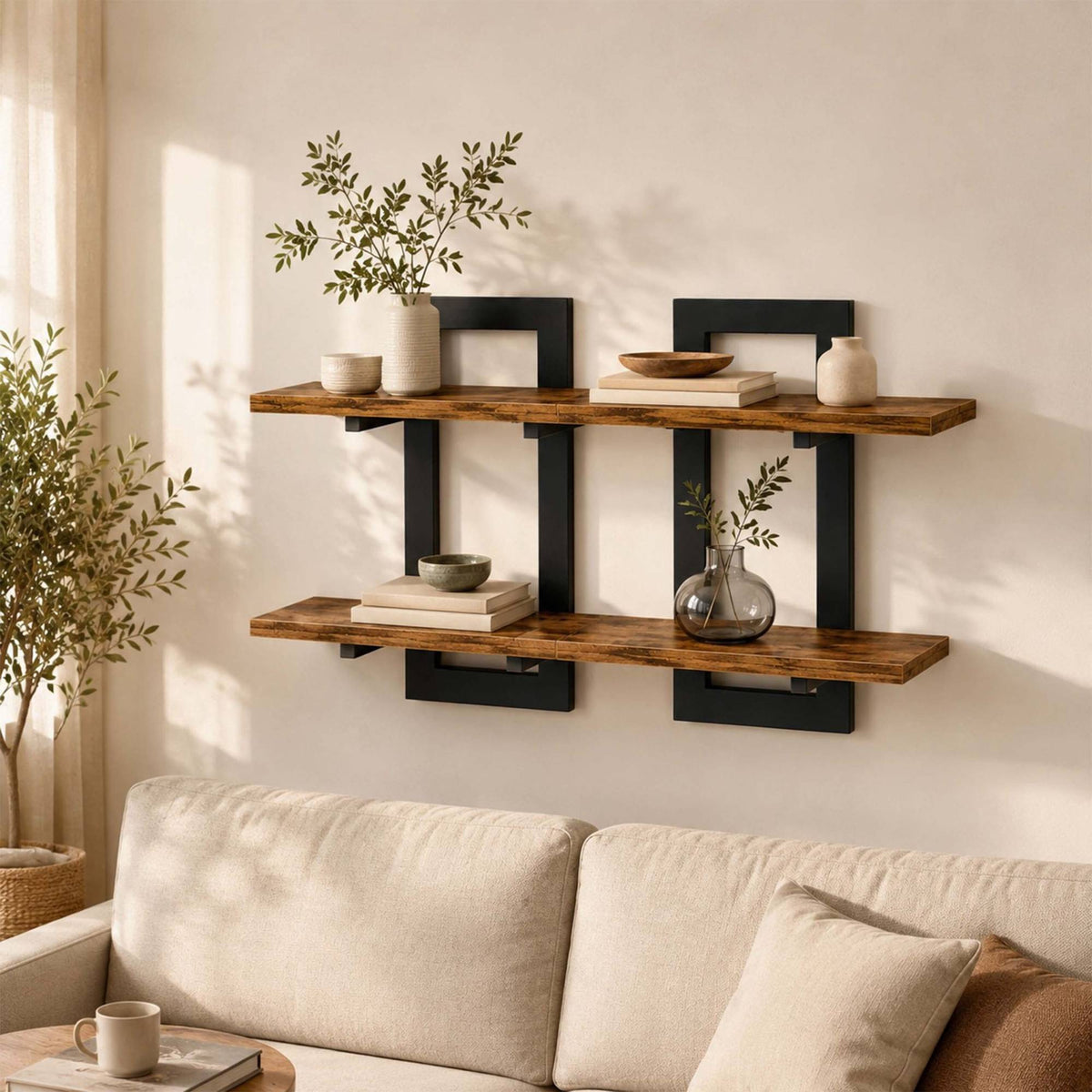 Wall Shelf Set of 2, MDF & Iron – Brown