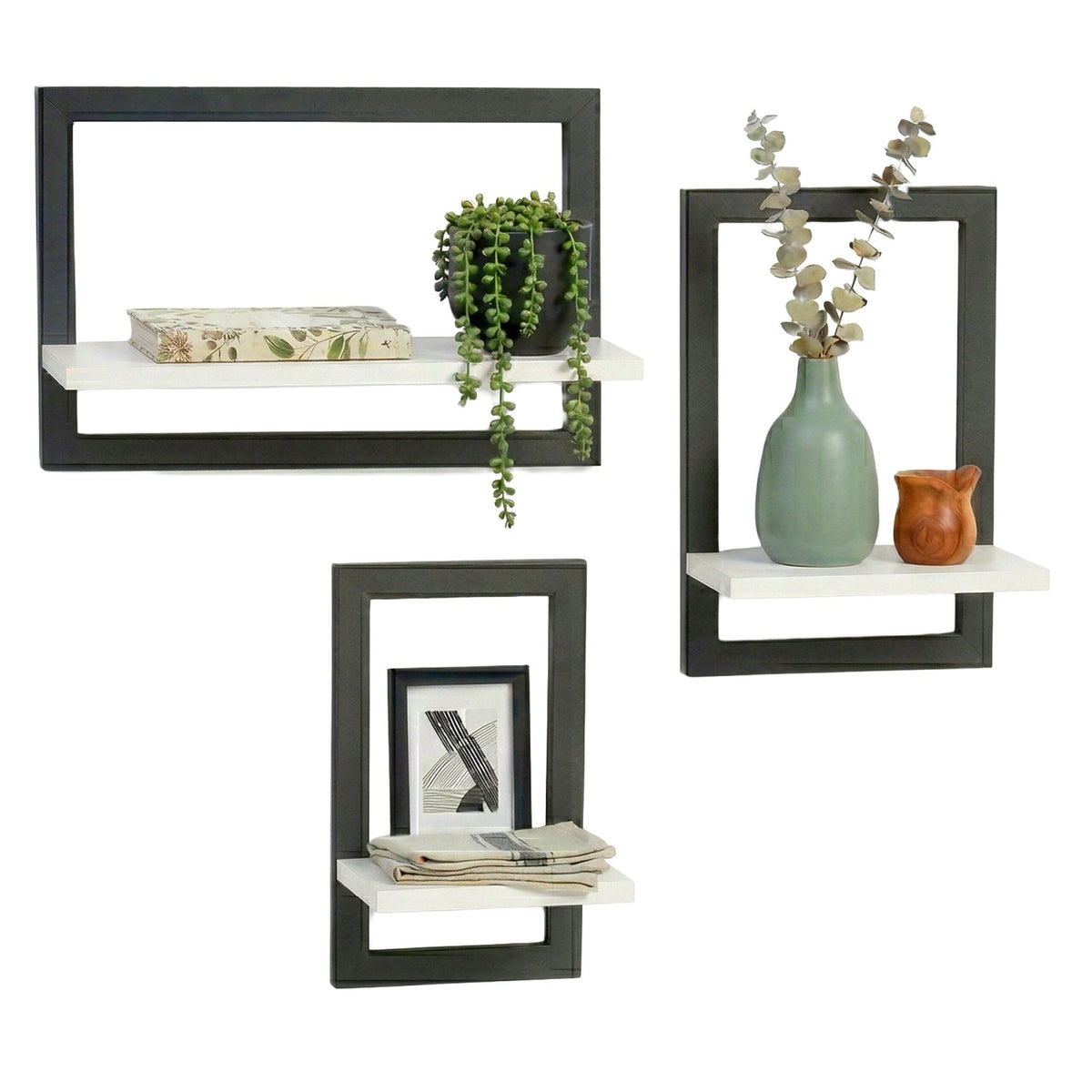 Wall Shelves Set Of 3 – Floating MDF, Metal Frame